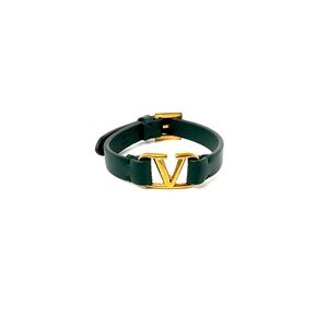 VALENTINO Leather Logo Wrap Green Gold Hardware Bracelet